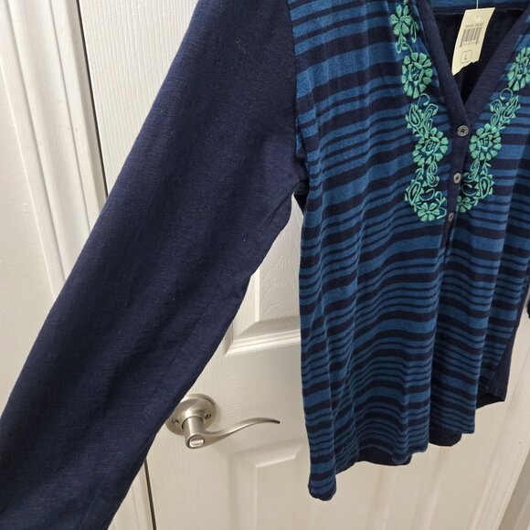 Lucky Brand Henley Top Womens Large Navy Blue Striped Embroidered Tunic Boho NEW - Picture 7 of 10